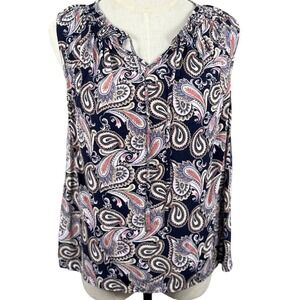 Sleeveless Peasant Boho Blouse MP Navy Pink Paisley Split Tie Neck Top Peasant